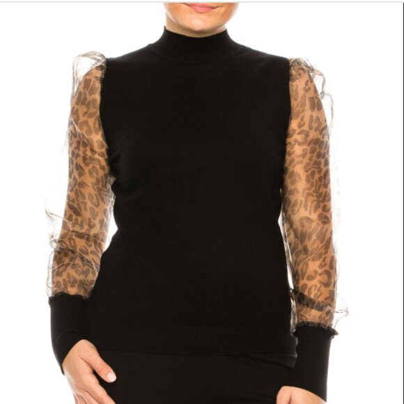 SALE!  new SIONI Sheer Leopard Sleeve Black Wool Blend Mock Neck Top 252 - Picture 1 of 8